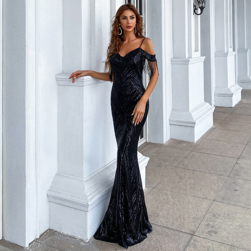 Elegant Off Shoulder Luxury Sequin Mermaid Dress Spaghetti Straps Silver Beading