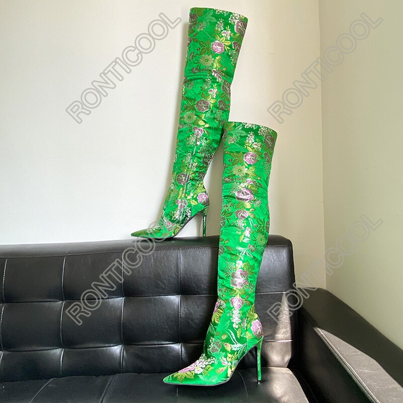 Boots Printed Floral High Heels Pointed Toe Gorgeous Green Yellow