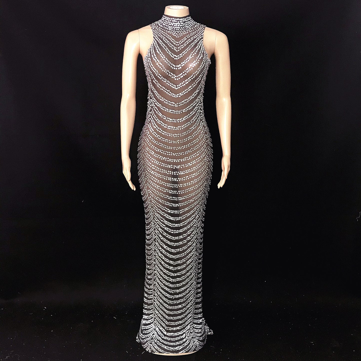 Gold Rhinestones Transparent Mesh Long Dress High Neck