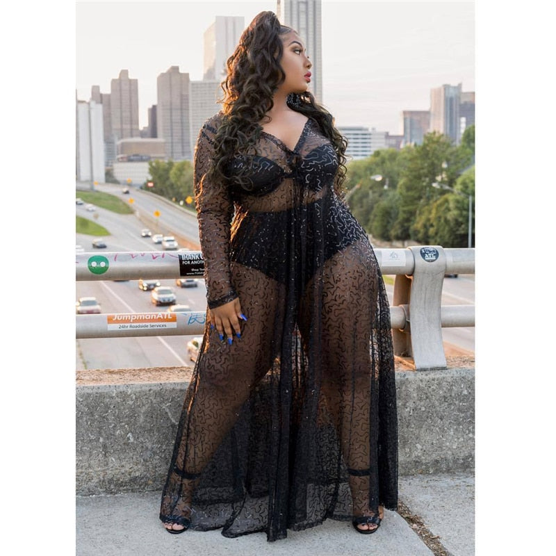 Maxi Dresses Long Sleeve High Waist Transparent Mesh Plus Size