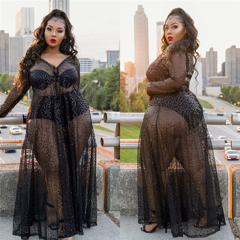 Maxi Dresses Long Sleeve High Waist Transparent Mesh Plus Size