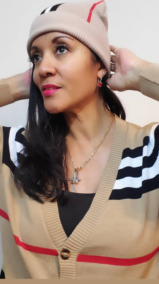 Cashmere Cardigan knitted Sweater & Beanie Hat