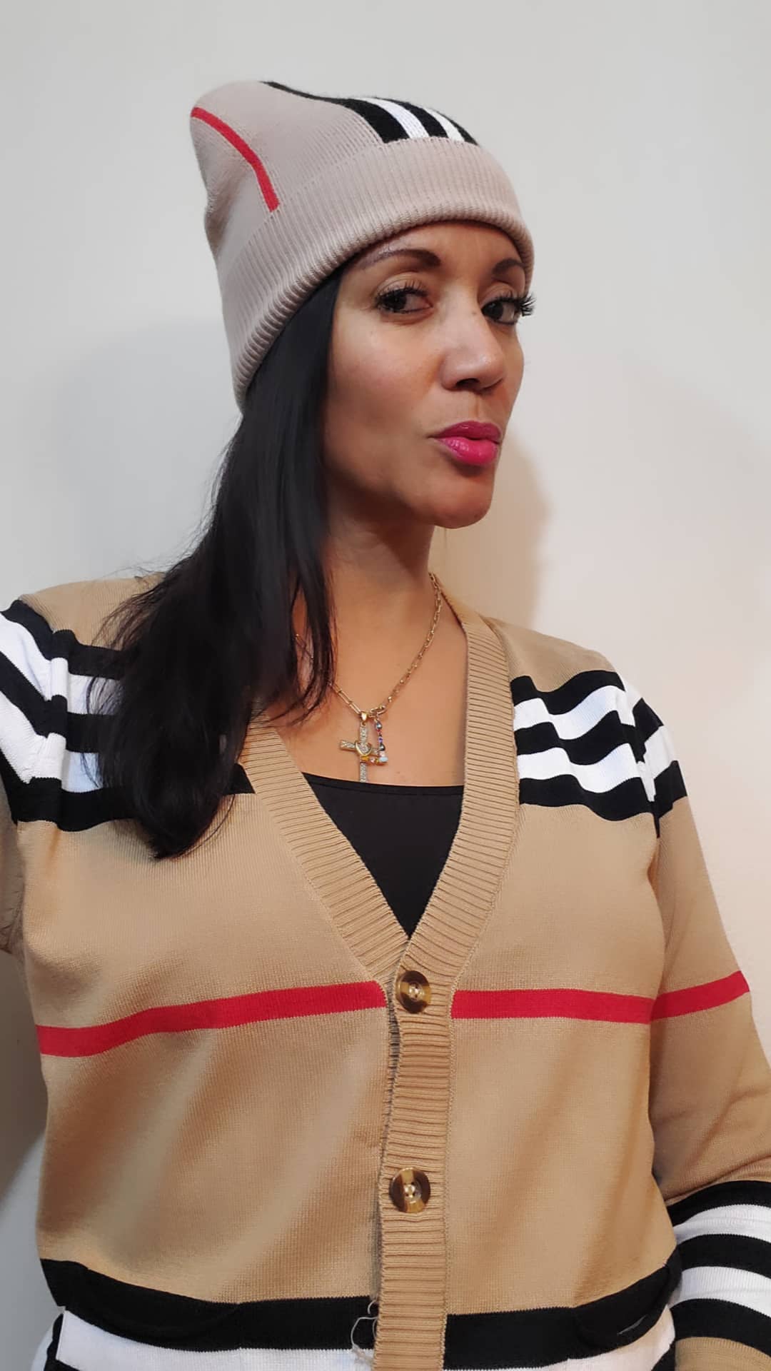 Cashmere Cardigan knitted Sweater & Beanie Hat