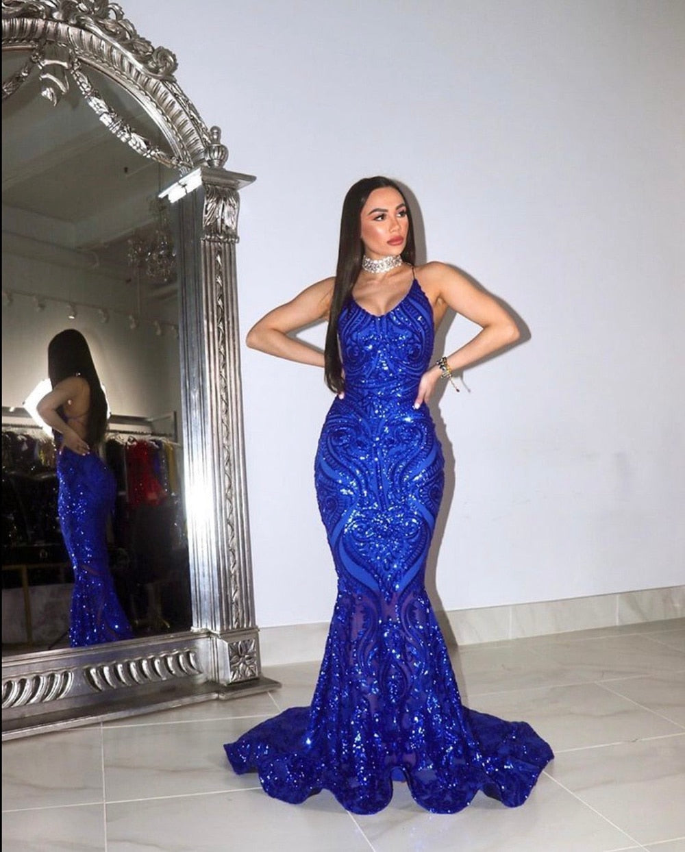 Long Elegant See Through Sparkly Sequin Royal Blue