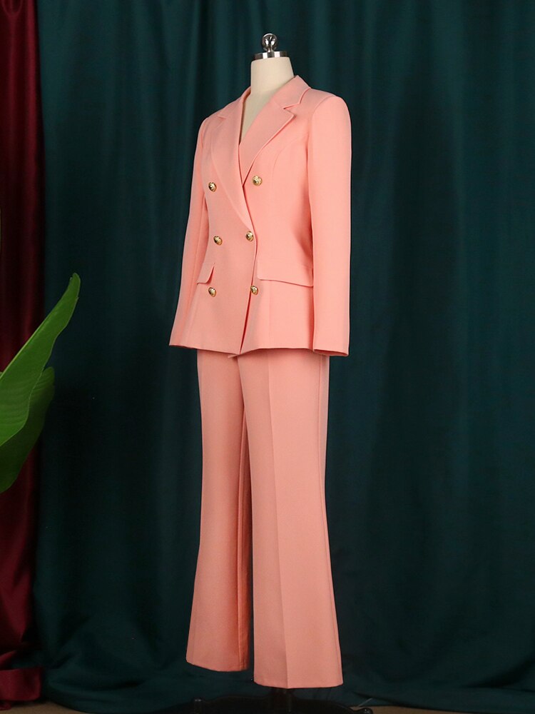 Business Blazer Sets 2 Piece Outfits Pink Jacket Wide Leg Pants Suit Elegant