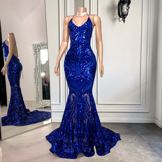 Long Elegant See Through Sparkly Sequin Royal Blue