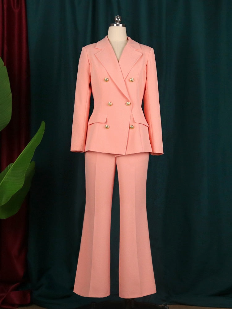 Business Blazer Sets 2 Piece Outfits Pink Jacket Wide Leg Pants Suit Elegant