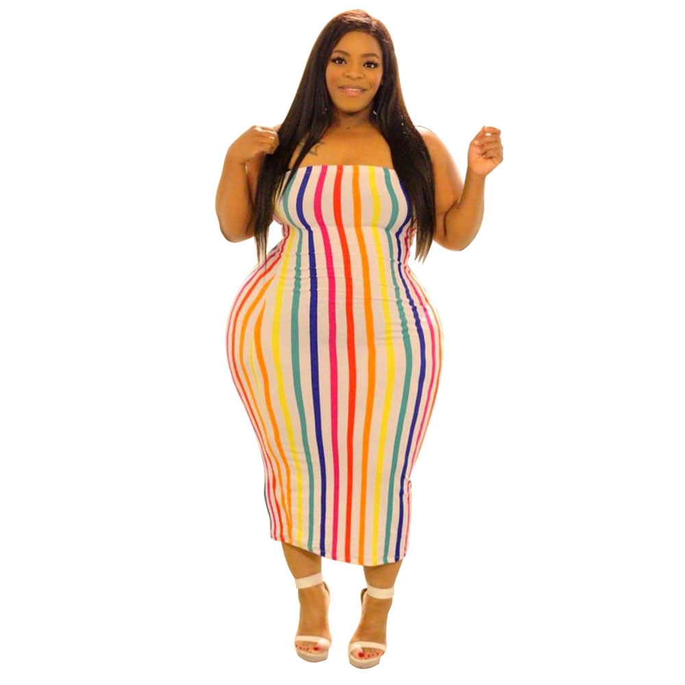 Off Shoulder Strapless Sleeveless Printed Rainbow Stripe 4XL Plus Size