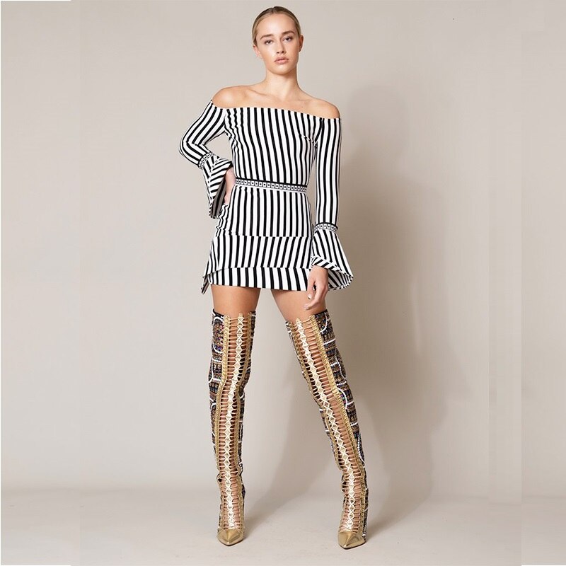 Pink Palms Shoes Shiny Sequined Over the Knee Thigh High Boots Cross