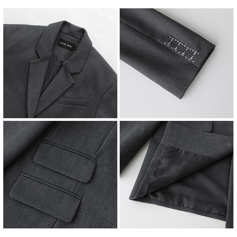 Women Office Lady Blazer Cuff Embroidery Wide Shoulder Twill Suit