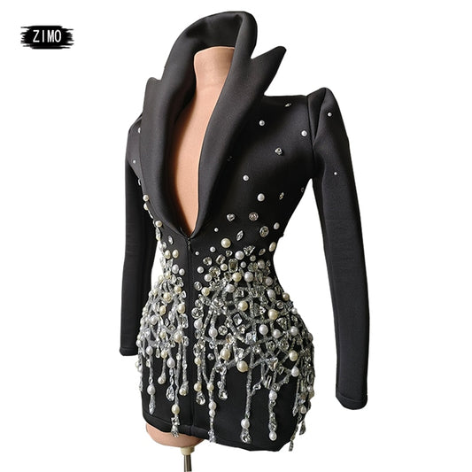 Fashion crystal rhinestone dress deep v neck sparkle black