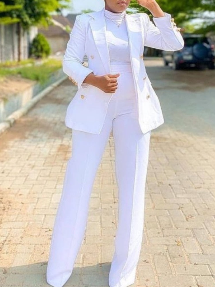 Business Blazer Sets 2 Piece Outfits Pink Jacket Wide Leg Pants Suit Elegant