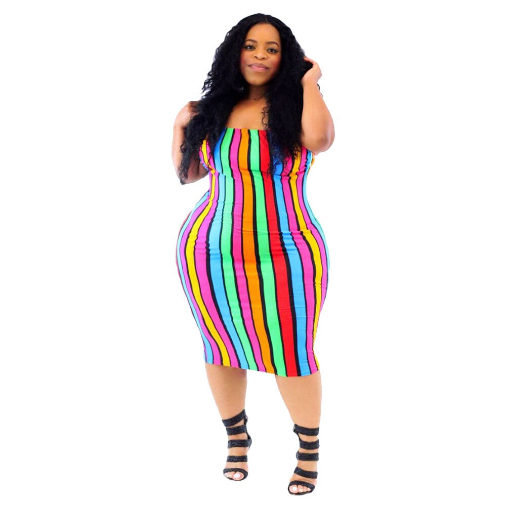 Off Shoulder Strapless Sleeveless Printed Rainbow Stripe 4XL Plus Size