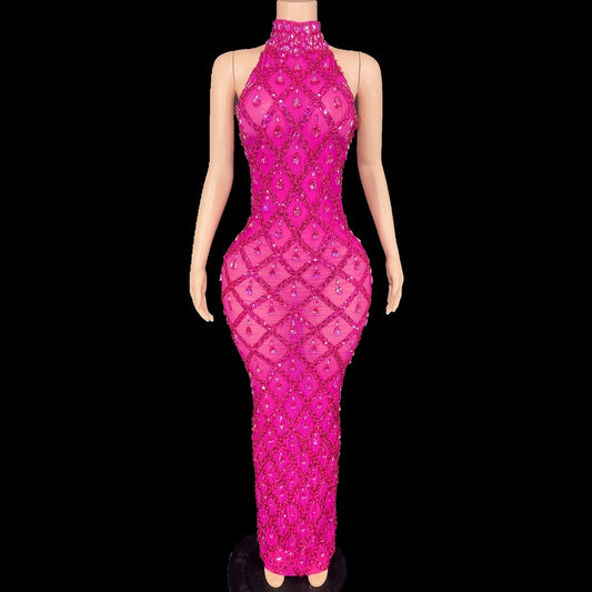 Sparkly Sequins Rhinestones Sleeveless Dress Sexy Mesh Transparent