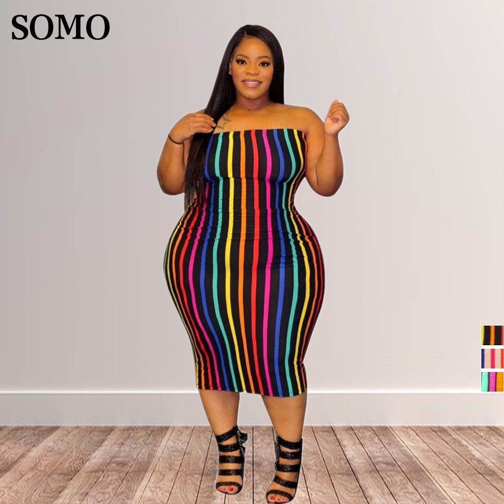 Off Shoulder Strapless Sleeveless Printed Rainbow Stripe 4XL Plus Size