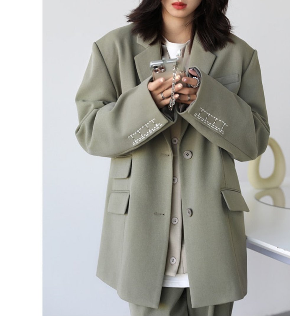 Women Office Lady Blazer Cuff Embroidery Wide Shoulder Twill Suit