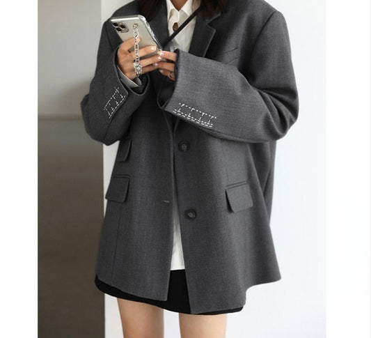 Women Office Lady Blazer Cuff Embroidery Wide Shoulder Twill Suit