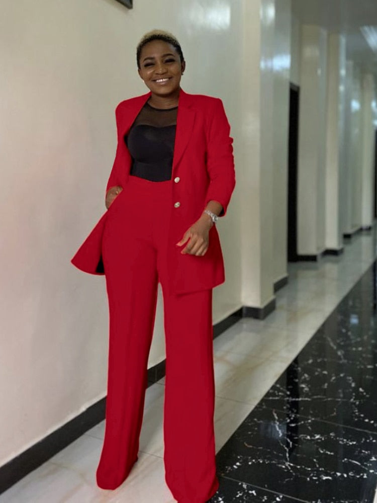 Business Blazer Sets 2 Piece Outfits Pink Jacket Wide Leg Pants Suit Elegant