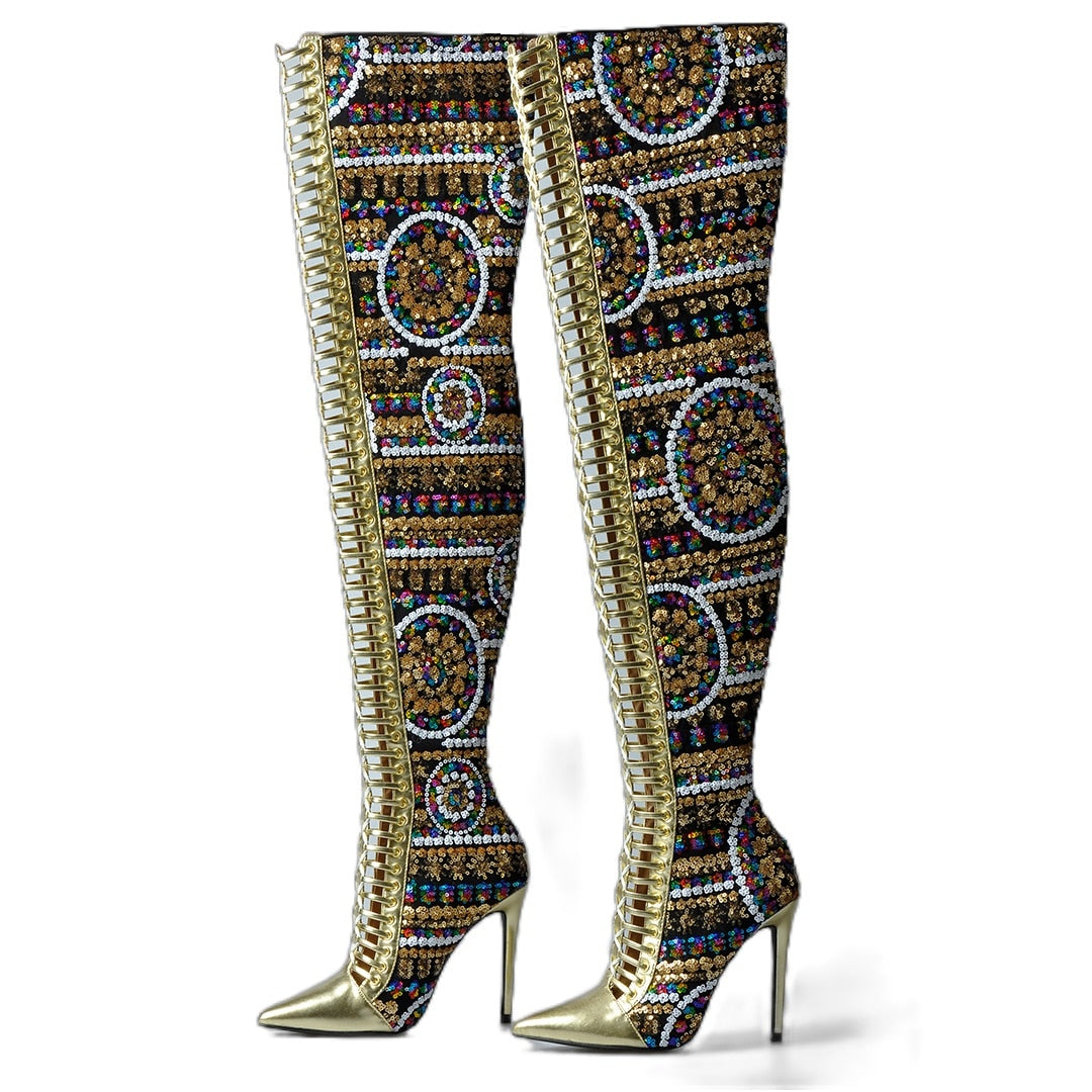 Pink Palms Shoes Shiny Sequined Over the Knee Thigh High Boots Cross