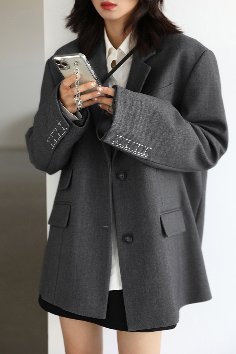 Women Office Lady Blazer Cuff Embroidery Wide Shoulder Twill Suit