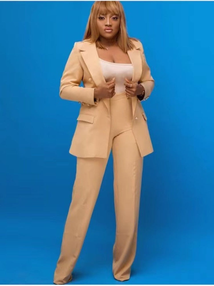 Business Blazer Sets 2 Piece Outfits Pink Jacket Wide Leg Pants Suit Elegant