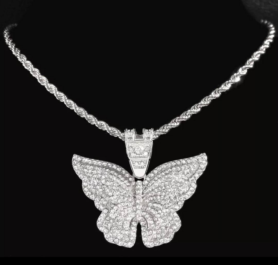 Iced Out Bling Big Butterfly Pendant Necklace