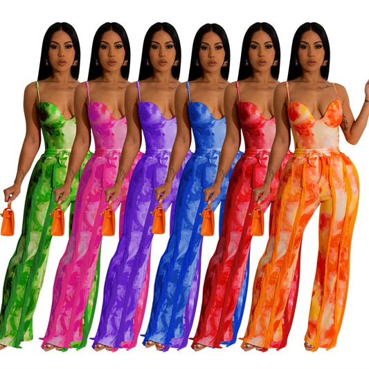 Tie Dye Print Tassel Two Piece Set Padded Spaghetti Straps Bodysuits Top Fringed Loose Flare Pants
