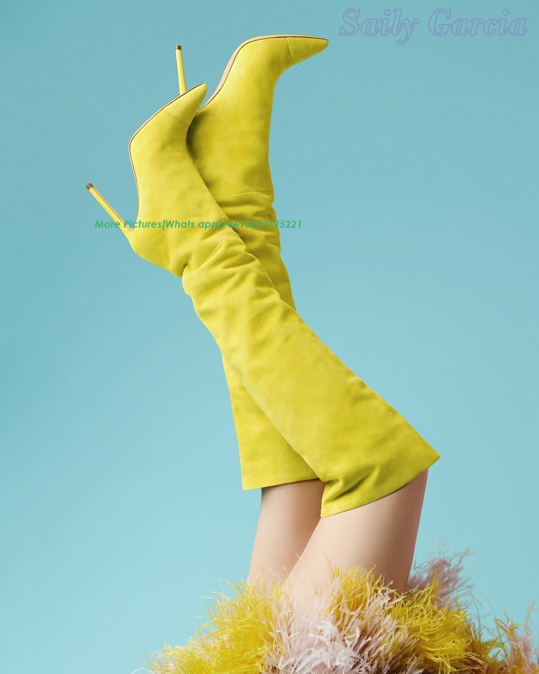 Yellow Suede Woman Sweet Boots Unique Stiletto Runway Over the Knee Catwalk