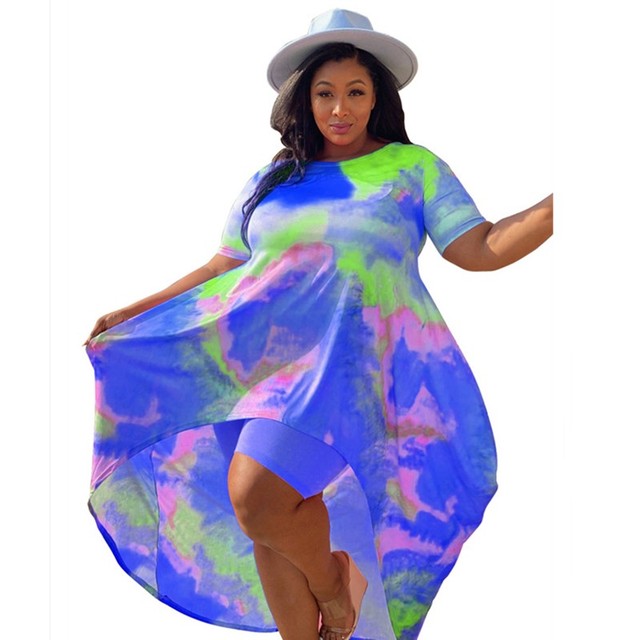 Plus Size Shorts Sets Tie Dye Long Style Top