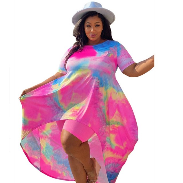 Plus Size Shorts Sets Tie Dye Long Style Top