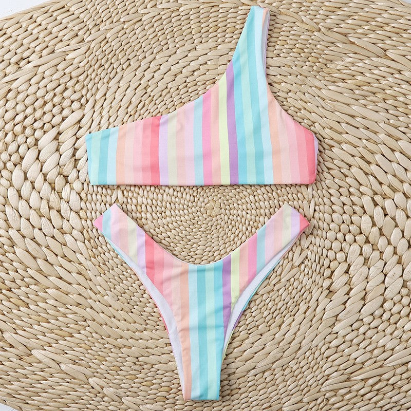 Colorful Striped Two-Piece Swimsuit with Chest Pad Bikini High Waist Swimsuit