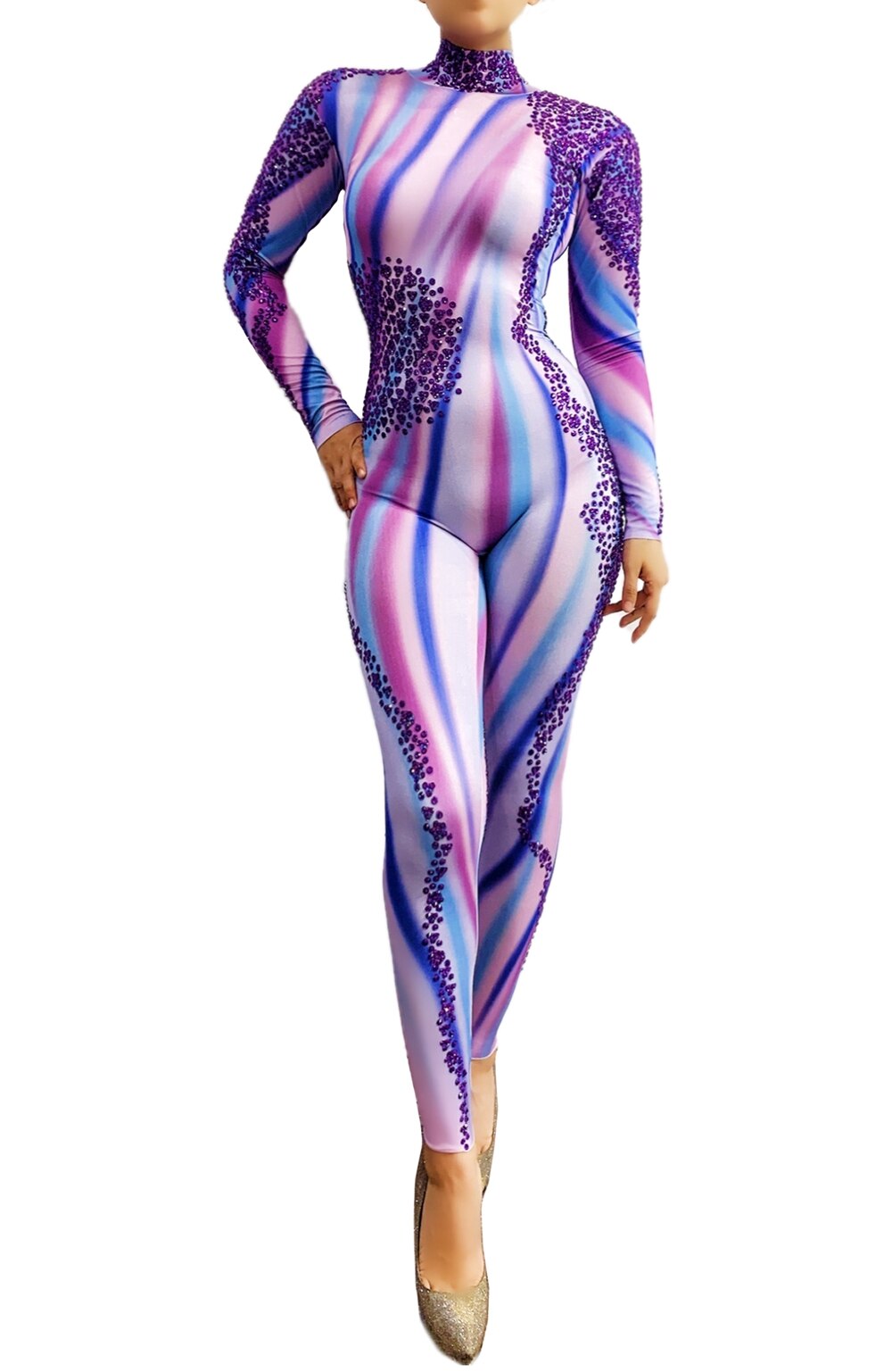 Sparkly Purple Rhinestones Jumpsuit Women Party Birthday Outfits Dance Leotard Leggings Sexy Performance Show Stage Wear
