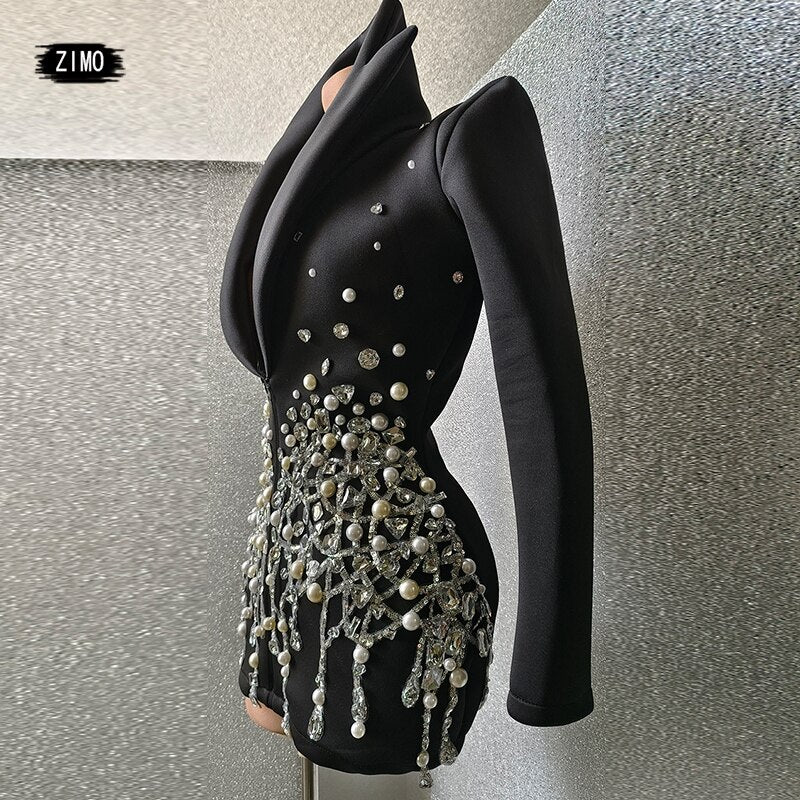 new fashion crystal rhinestone dress deep v neck sparkle black club party birthday performance drag queen costume stage festival