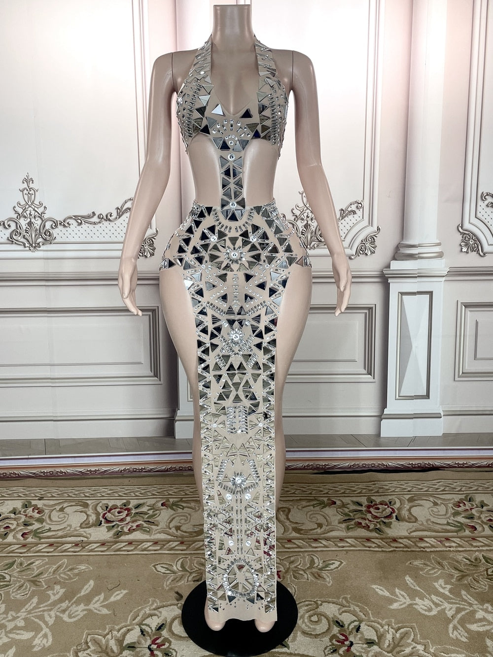 Sparkly Rhinestones Mirrors High Split Long Dress Women Stage Wear Sexy Performance Costume Evening Gown Prom Party Outfit