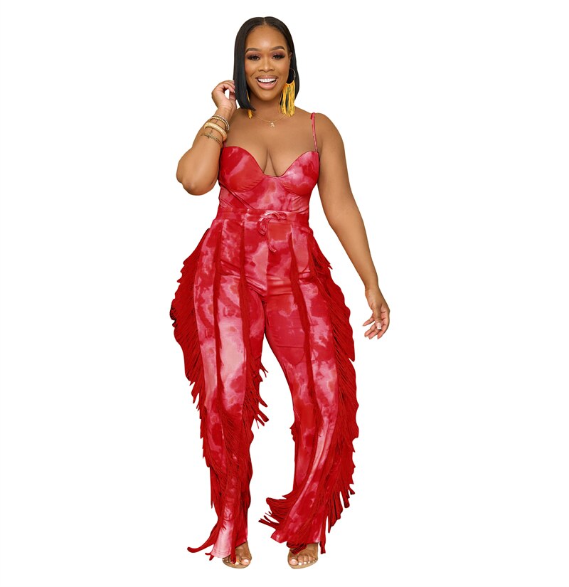 Tie Dye Print Tassel Two Piece Set Padded Spaghetti Straps Bodysuits Top Fringed Loose Flare Pants