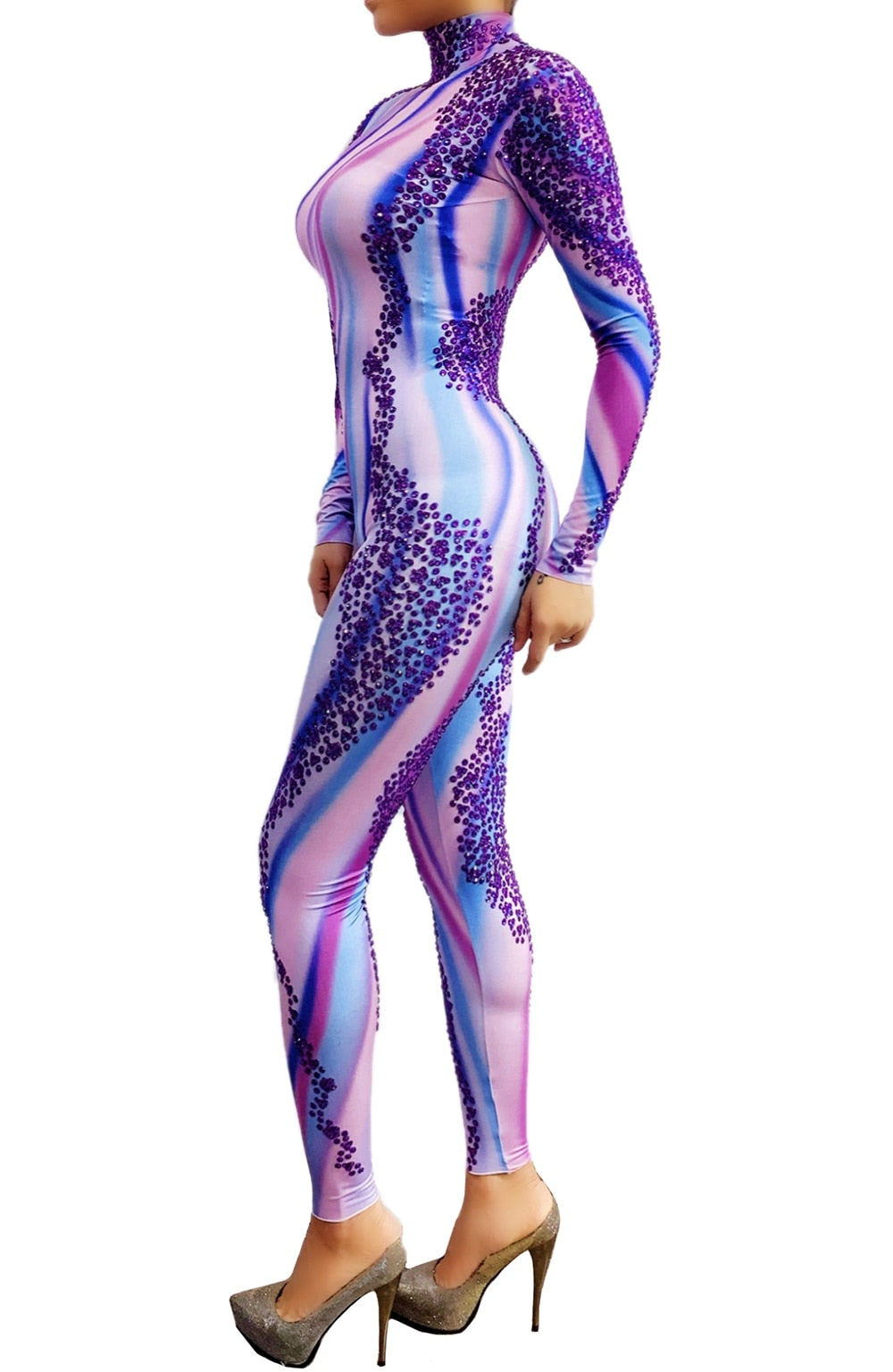 Sparkly Purple Rhinestones Jumpsuit Women Party Birthday Outfits Dance Leotard Leggings Sexy Performance Show Stage Wear