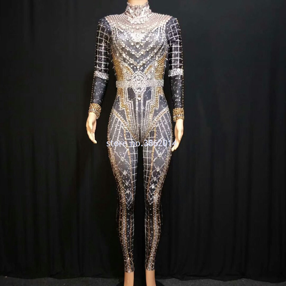 Sparkly Rhinestones Jumpsuit Women Long Sleeve Spandex Nightclub Prom Party Outfit Singer Dance Performance Costume Stage Wear