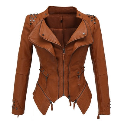 Women Smooth Motorcycle Faux Leather Jackets Long Sleeve