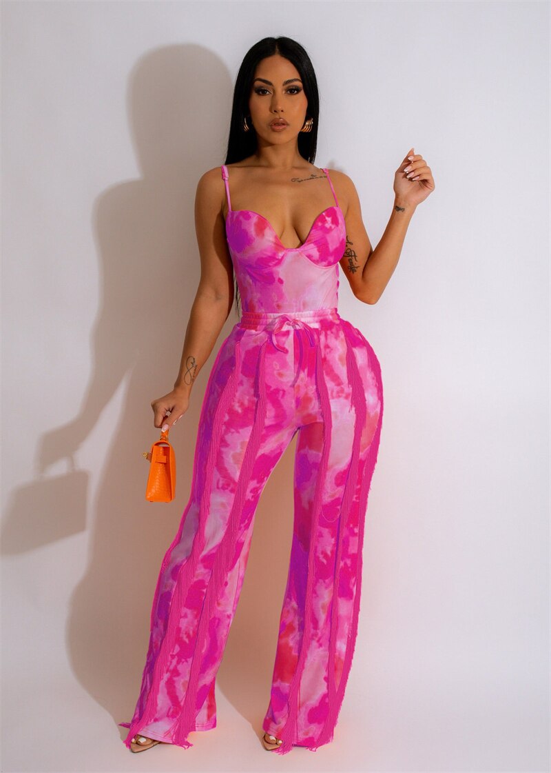 Tie Dye Print Tassel Two Piece Set Padded Spaghetti Straps Bodysuits Top Fringed Loose Flare Pants