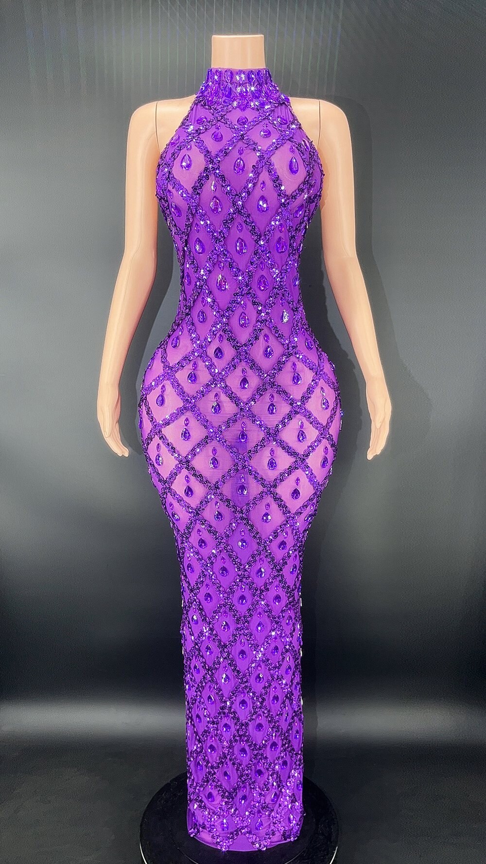 Sparkly Sequins Rhinestones Sleeveless Dress Sexy Mesh Transparent