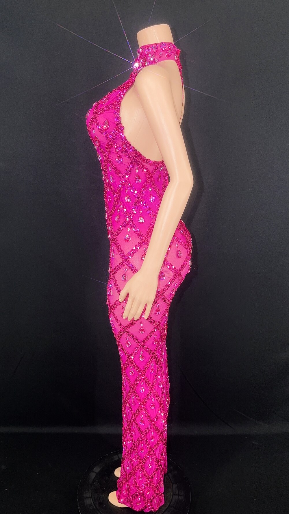 Sparkly Sequins Rhinestones Sleeveless Dress Sexy Mesh Transparent