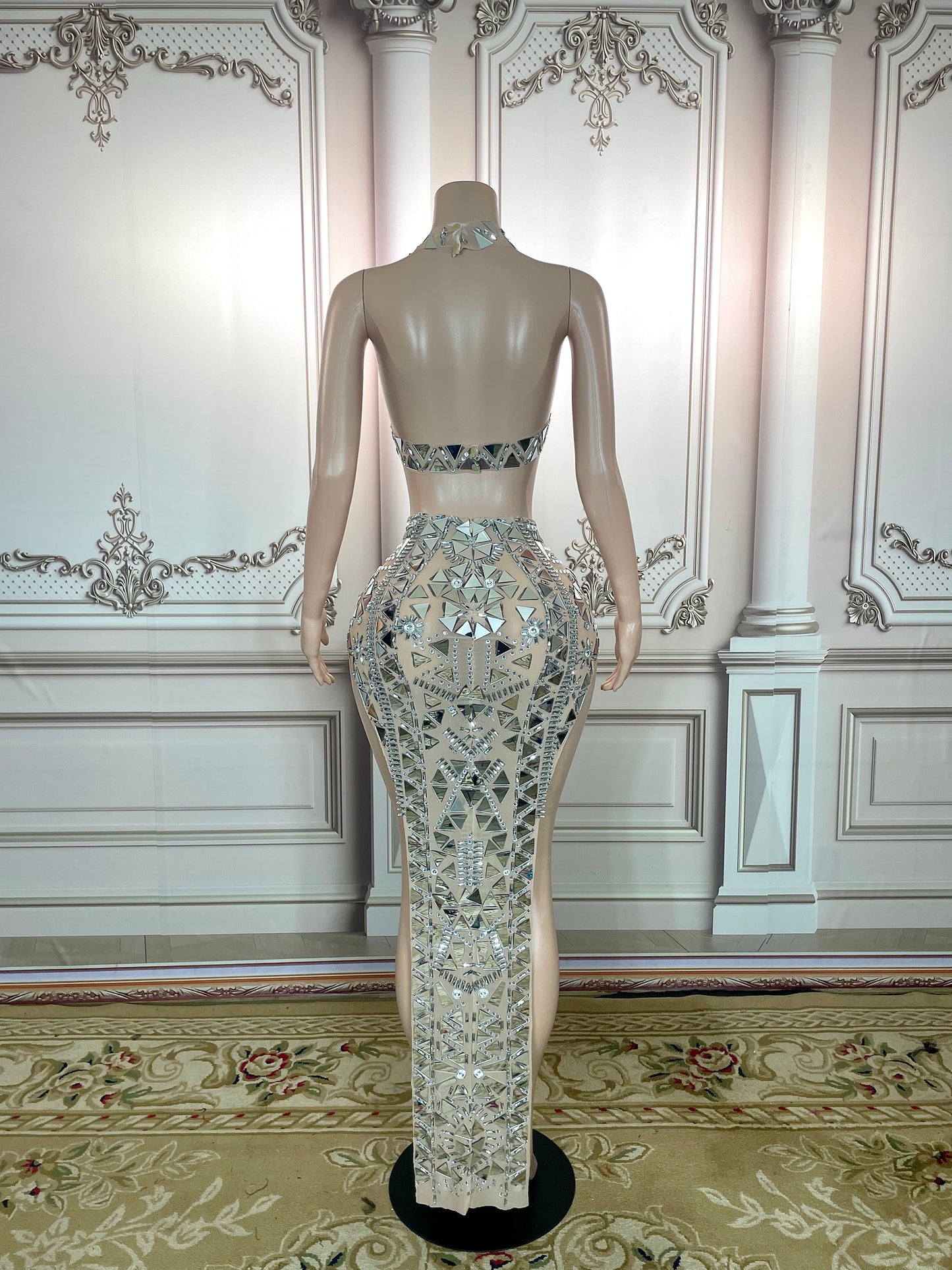 Stage Sparkly Silver Mirror Rhinestone Dress