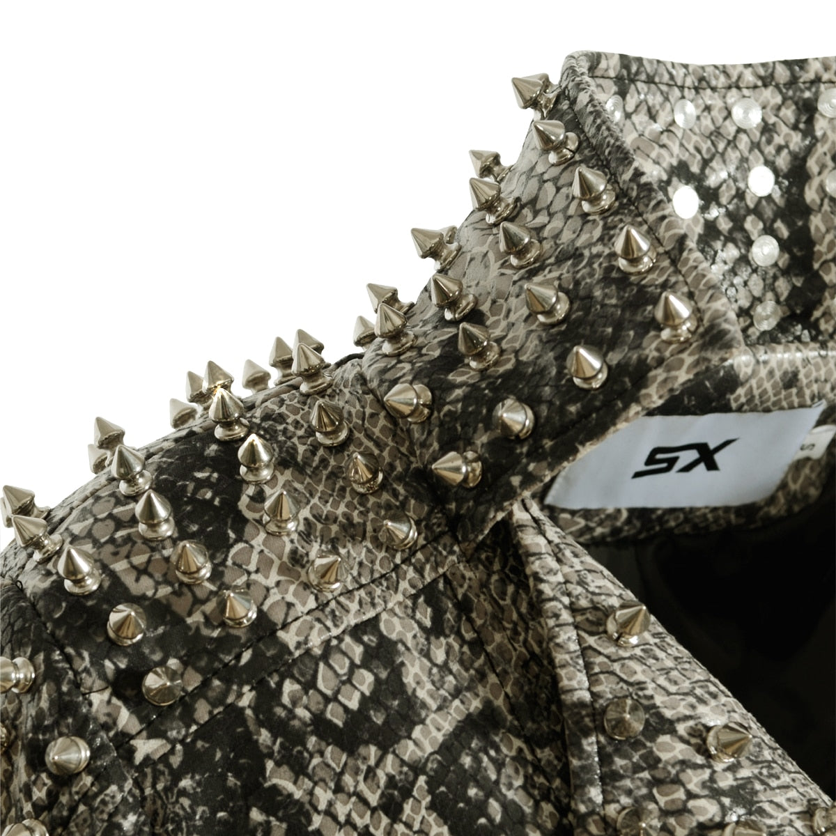 Leopard Print Zipper Studs Coat Lapel Collar Moto Belt Faux Leather Windbreak