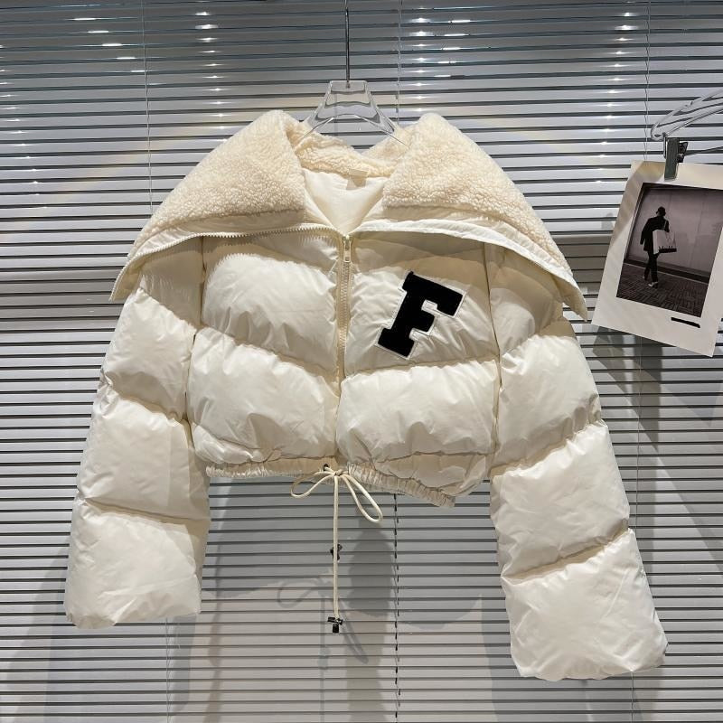 Winter Long Sleeve Lambswool Sailor Collar Short Cotton Drawstring Coat