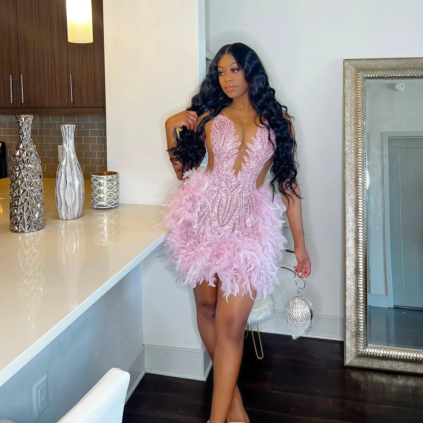 Luxury Sheer Neckline Women Cocktail Dress Pink Feather – Pamelagreekwear