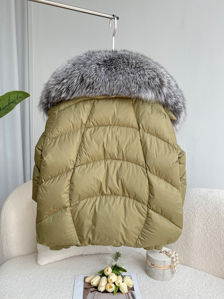 Winter Coat White Duck Down Jacket Super Large Real Silver Fox Fur Collar