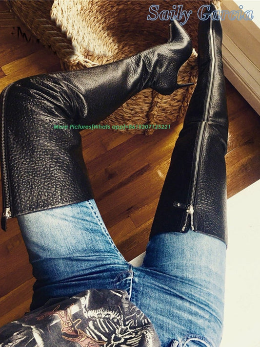 Black Metal Zipper Pointed Toe Booties Over the Knee Runway Sex Catwalk Shoes