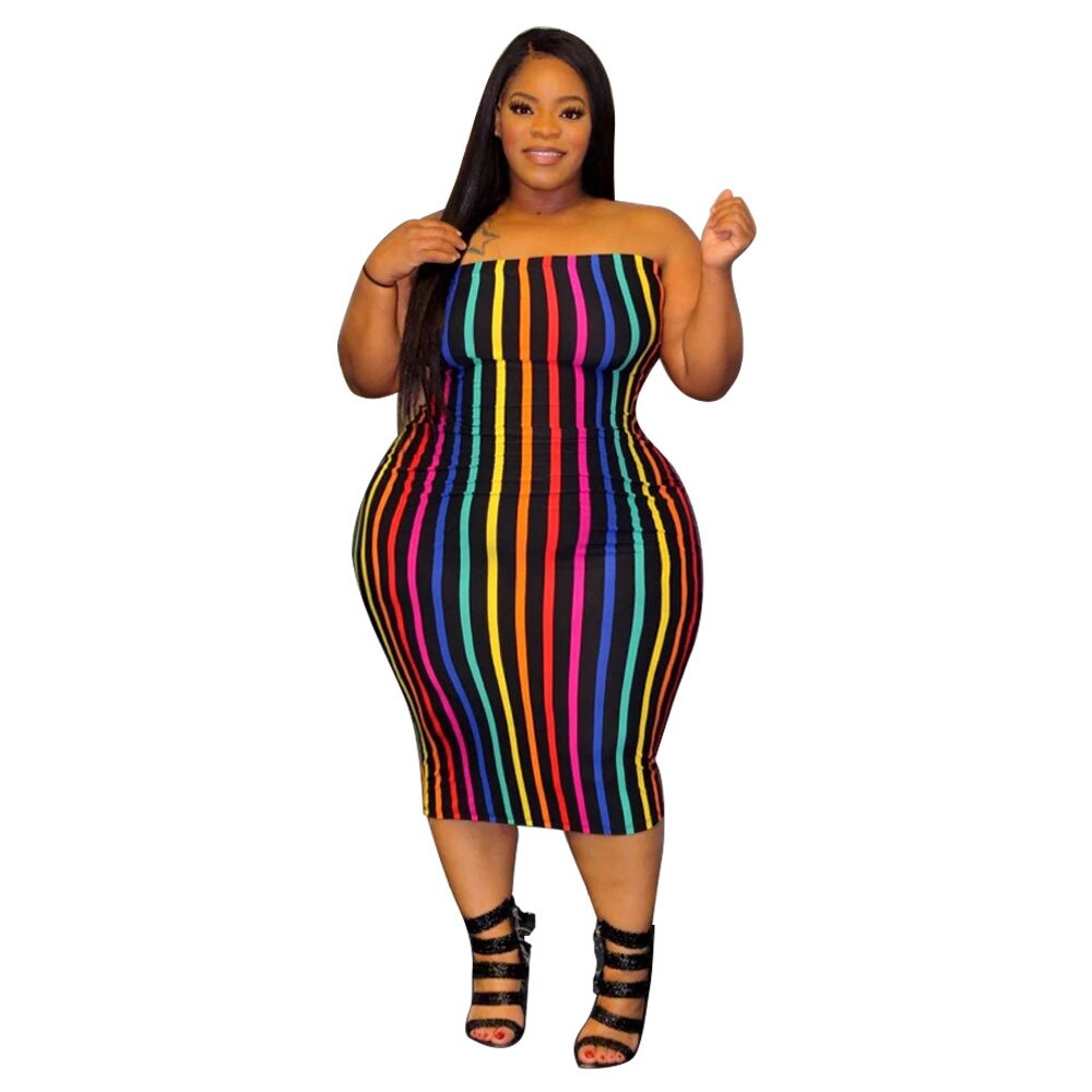 Off Shoulder Strapless Sleeveless Printed Rainbow Stripe 4XL Plus Size