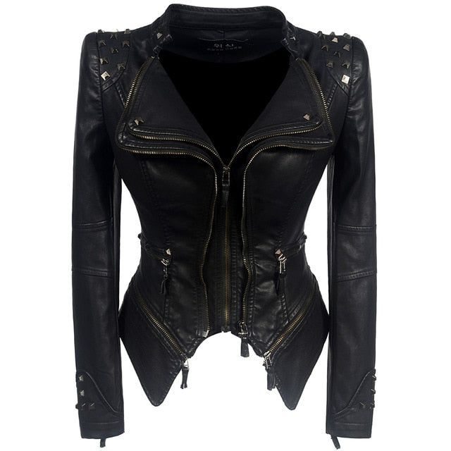 Women Smooth Motorcycle Faux Leather Jackets Long Sleeve