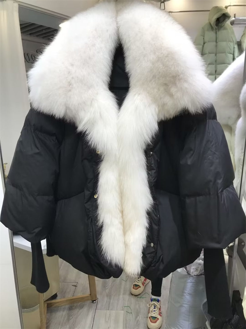 Winter Coat White Duck Down Jacket Super Large Real Silver Fox Fur Collar